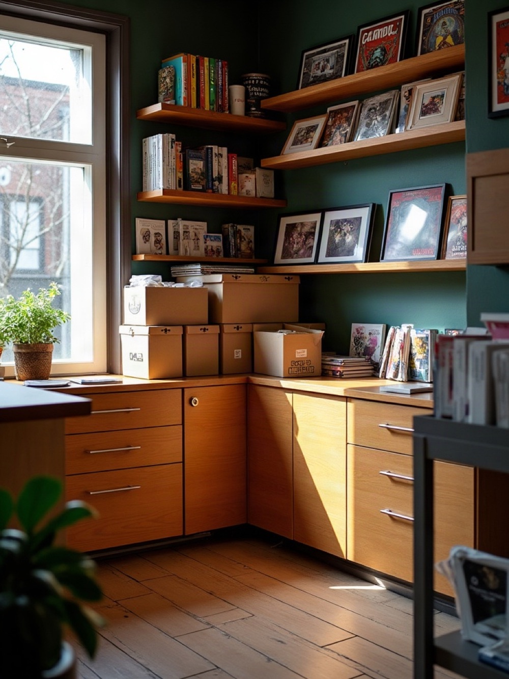 Oak counter with wholesale cartons and a shelf of books