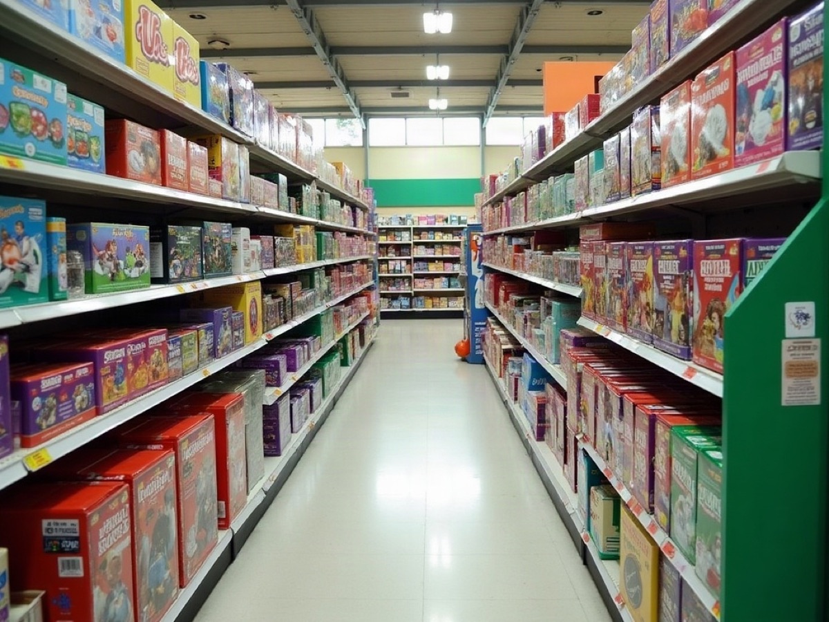 Retail aisle grouped into sports, games, kits, instruments, and books