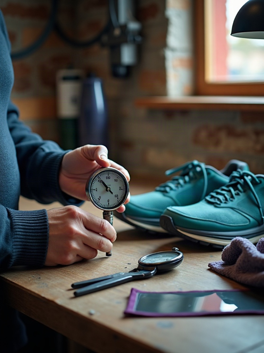 Workbench with a pressure gauge, a metronome, and running shoes
