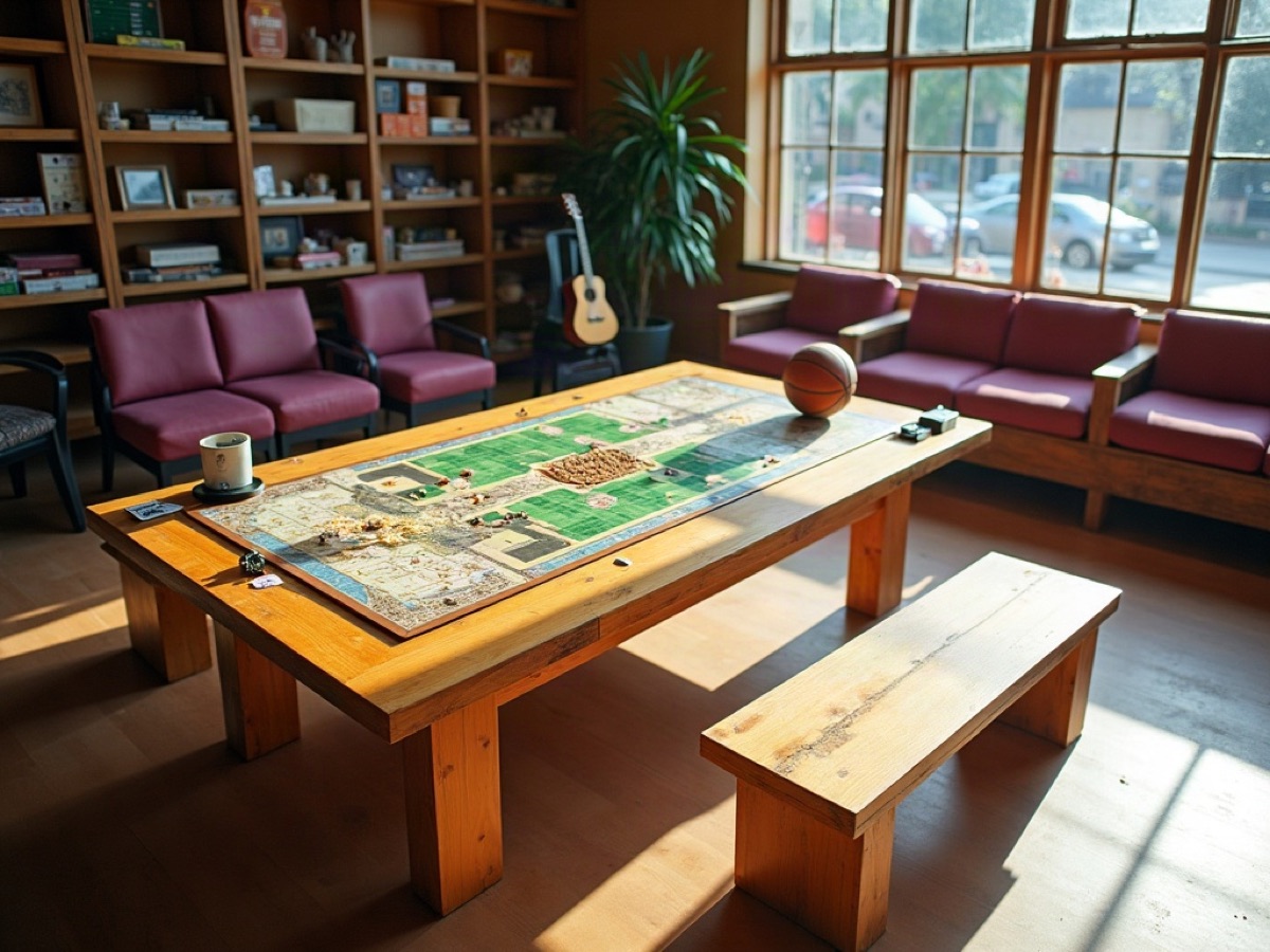 Play-test table with a board game, a guitar, and a basketball